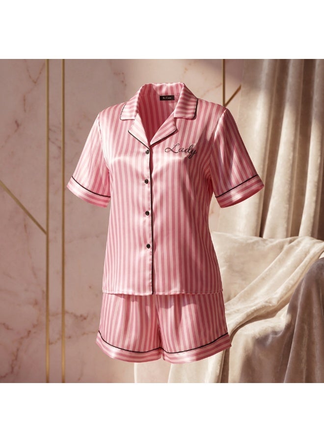 LADY Women's Pink Striped Satin Pajama Set – Button-Up Shirt & Shorts Sleepwear - Image 3