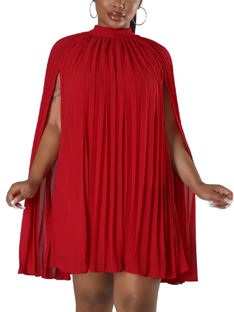 Ekaliy Women’s Chiffon Pleated Cape Dress Cloak Sleeve Knee Length Wedding Guest Shift Dress Red XXL - Image 1