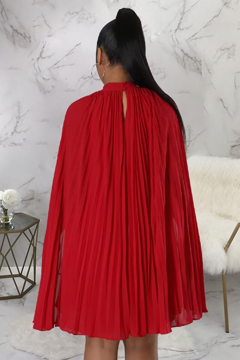 Ekaliy Women’s Chiffon Pleated Cape Dress Cloak Sleeve Knee Length Wedding Guest Shift Dress Red XXL - Image 5