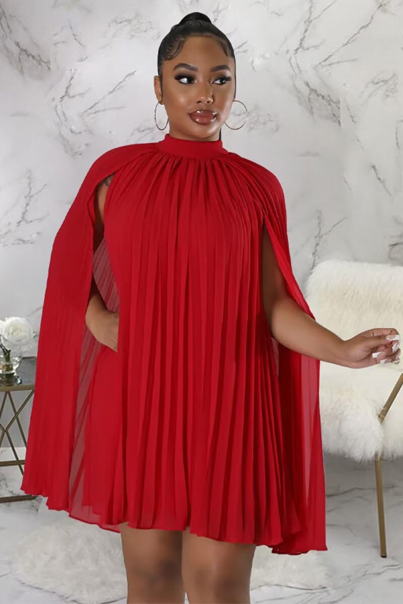 Ekaliy Women’s Chiffon Pleated Cape Dress Cloak Sleeve Knee Length Wedding Guest Shift Dress Red XXL - Image 2