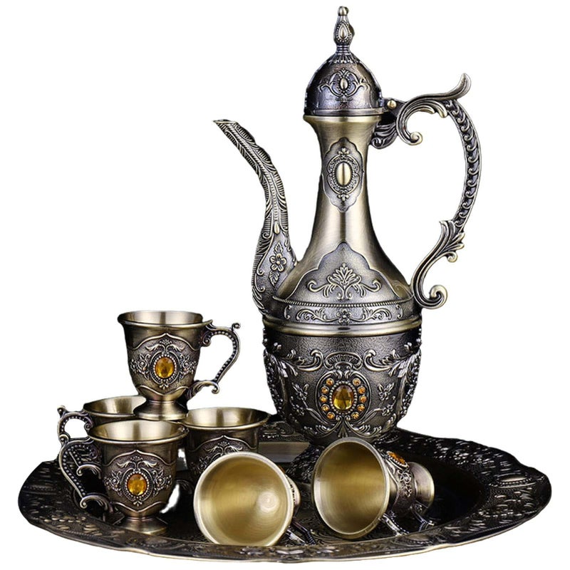Vintage Turkish Coffee Pot and Cups SetTea Service Set Including TeapotTea Tray and Metal Cups for Wine Cabinet DecorWedding Ornaments Bronze with Yellow Crystal