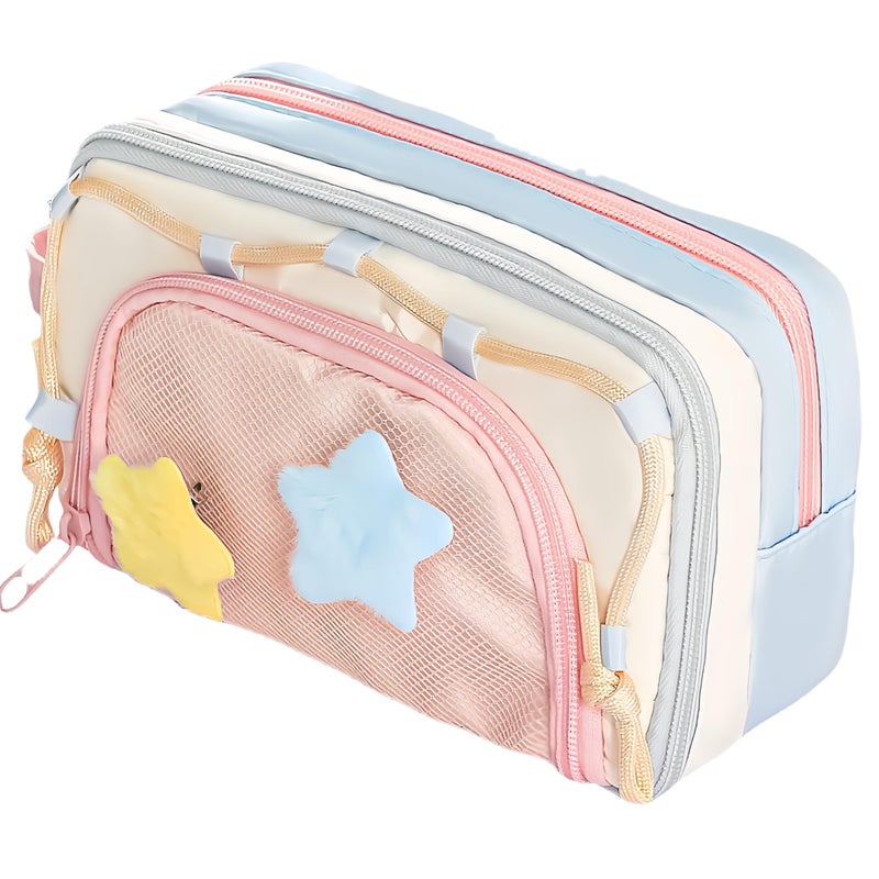 UIVXXUD Portable Multi-Layer Kawaii Pencil Case Organizer - Large Capacity Color Block Design Pen Pouch Supplies - Cute Functional Bag (Pink) - Image 1