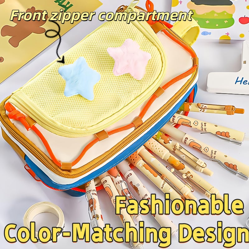 UIVXXUD Portable Multi-Layer Kawaii Pencil Case Organizer - Large Capacity Color Block Design Pen Pouch Supplies - Cute Functional Bag (Pink) - Image 3
