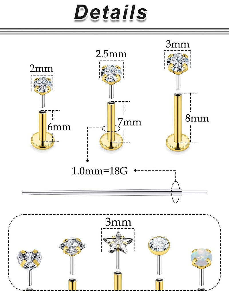Ocptiy 18G Flat Back Gold Nose Ring Stud Piercing Women Surgical Stainless Steel Threadless Push in Nose Nostril Lip Ring Stud Cartilage Tragus Helix Conch Earring Piercing Jewelry Men Diamond 3mm - Image 2