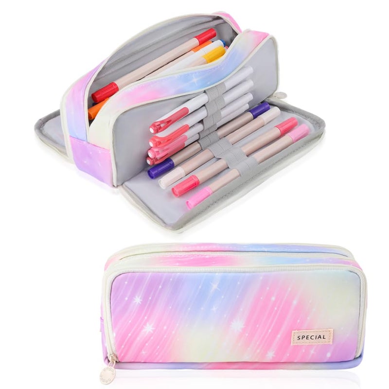 iSuperb Large Pencil Case 3 Compartments Pencil Pouch Big Capacity Pencil Bag Oxford Stationery Storage Pen Bag Cosmetic Makeup Pouch for Women Dream Pink