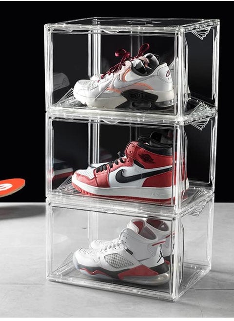 Shoe Storage Box Clear Shoe Organizer for Closet Stackable Shoe Boxes Storage Bins Foldable Shoe Rack Large Shoe Box Sneaker Holder Container Shoe Display Case with Magnetic Door 3 PCS