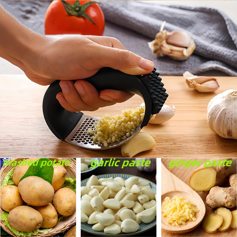 مطحنة الثوم، أداة طحن الثوم، مطحنة الثوم من الفولاذ المقاوم للصدأ، مطحنة الثوم اليدوية، أداة طحن الثوم للمطبخ، مع فرشاة تنظيف (لون أسود) - Image 2