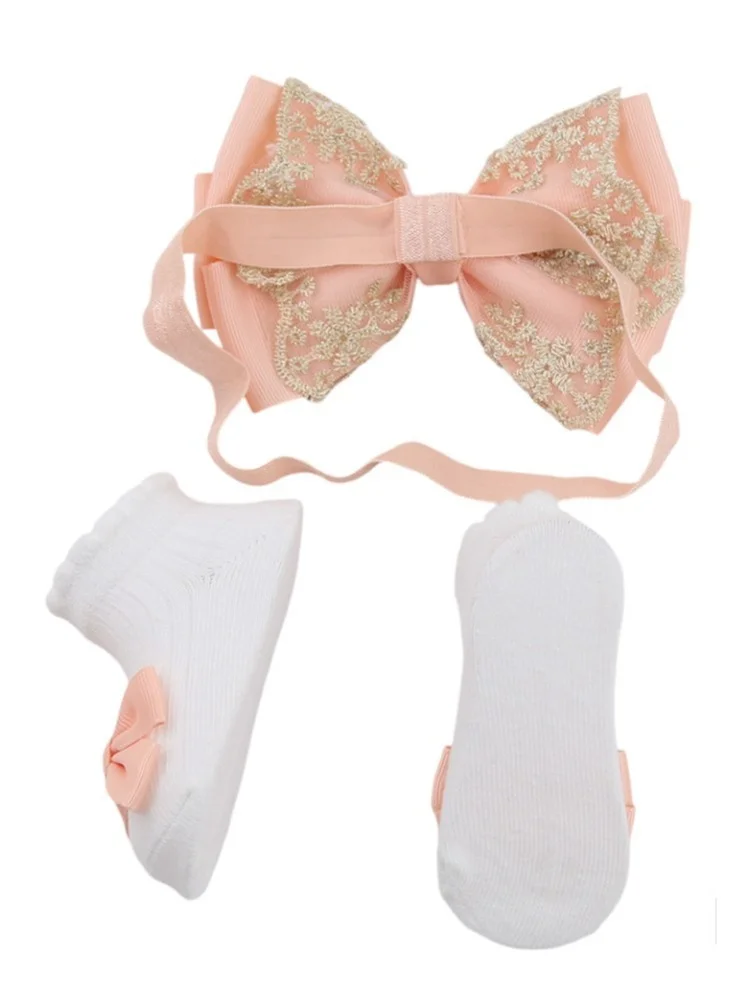 Bambimici Aaliyah Socks & Cute Ribbon Big Bow Headband Set Peach