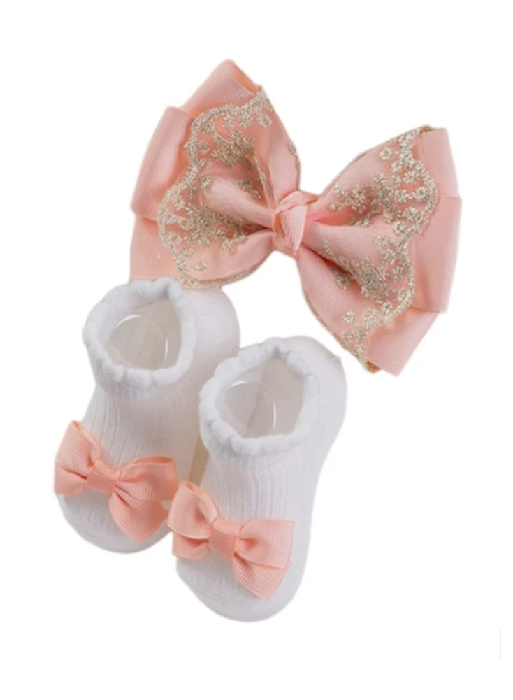 Bambimici Aaliyah Socks & Cute Ribbon Big Bow Headband Set Peach