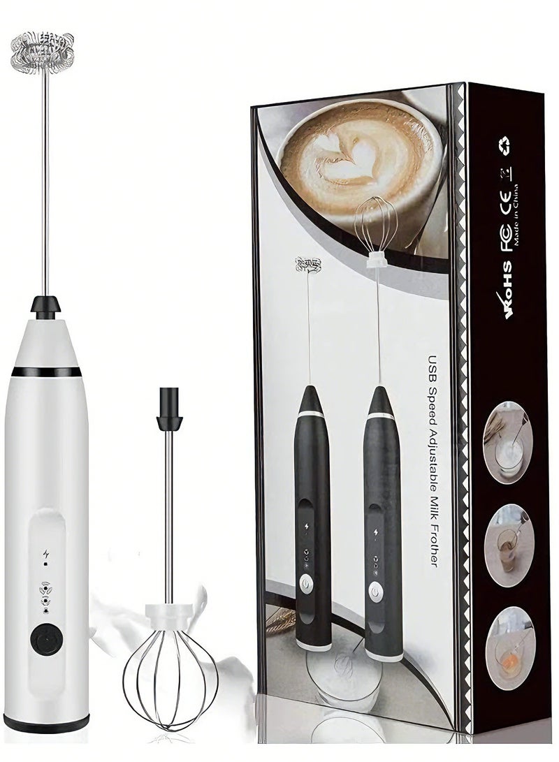 Rechargeable Electric Milk Frother USB-C Handheld Foam Maker, 10W High Power, 304 Stainless Steel Whisk, 3-Speed Adjustable, Stainless Steel Whisks for Coffee, Lattes, Cappuccinos – White - Image 1