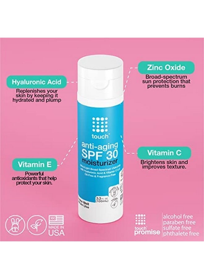 تاتش كريم الوجه المرطب الواقي من الشمس بعامل حماية من الشمس SPF 30 مع فيتامين C وE وحمض الهيالورونيك للوجه أو الرقبة أو عطر الجسم وخالي من الزيوت 3.3 أونصة  - Image 4