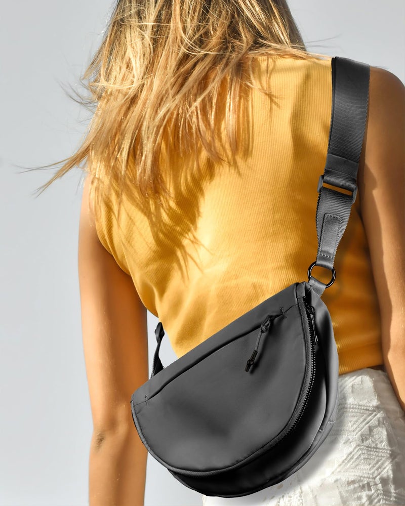 MEISEY Crescent Moon Bag, Fashion Medium Nylon Folding Crossbody Bag with Adjustable Strap (Black Grey) - Image 2