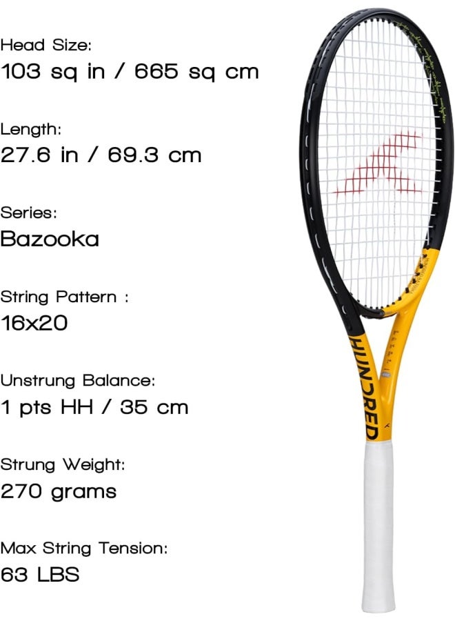 HUNDRED Bazooka Strung Tennis Racket With Full Cover | 1 Point Head Heavy | Grip Size 2 (4 1/4 Inches) | 270 Grams (Black/Yellow) - Image 2