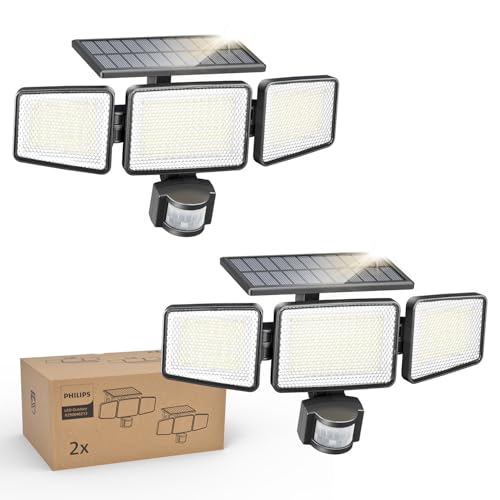 Philips Solar Security Light Outdoor 302 LED 1200lm，Solar-Powered Waterproof Wall-Mounted Flood Light w/PIR Motion Sensor, 3 Heads, IP65 Waterproof, 3 Modes (2 Packs) - Image 1