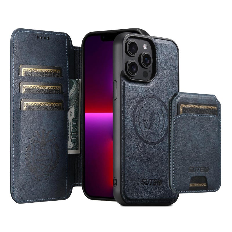 Suteni For Iphone 13 Pro Max Q05S2 3-In-1 Detachable Vertical Flip Wallet Magsafe Leather Phone Case(Blue) - Image 1