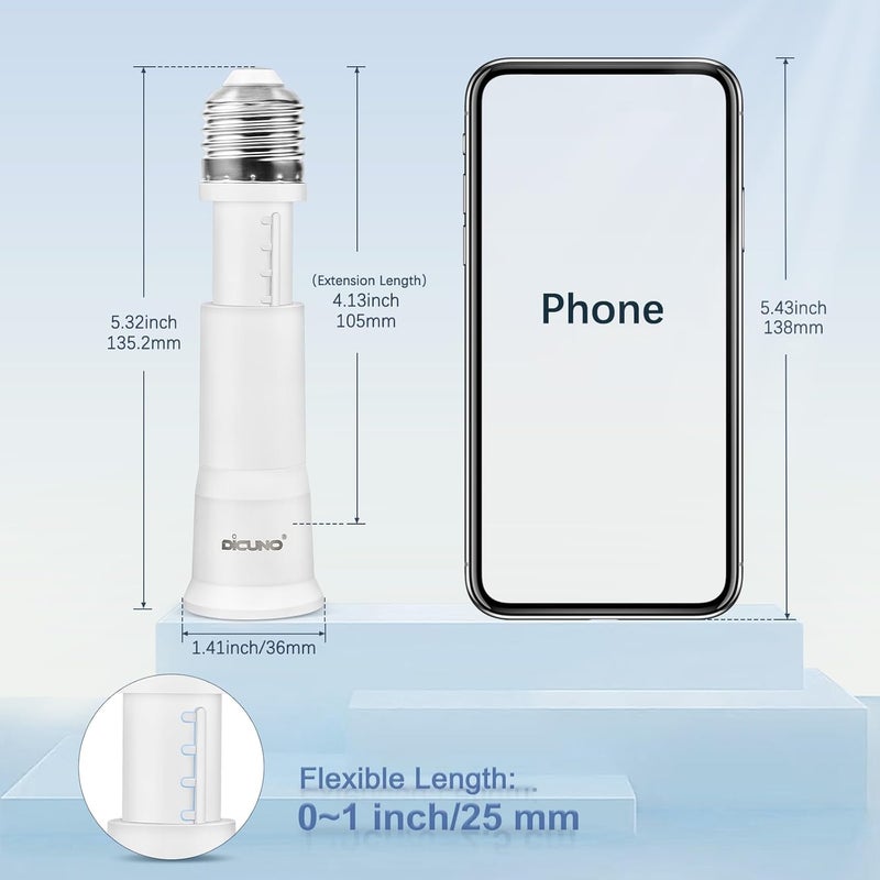 DiCUNO E26 3.15-4.13Inch/8-10.5CM Extension Flexible Socket Extender Adapter, E26 Edison Screw Converter, Light Socket Extender, Lamp Bulb Extension, 6-Pack - Image 3