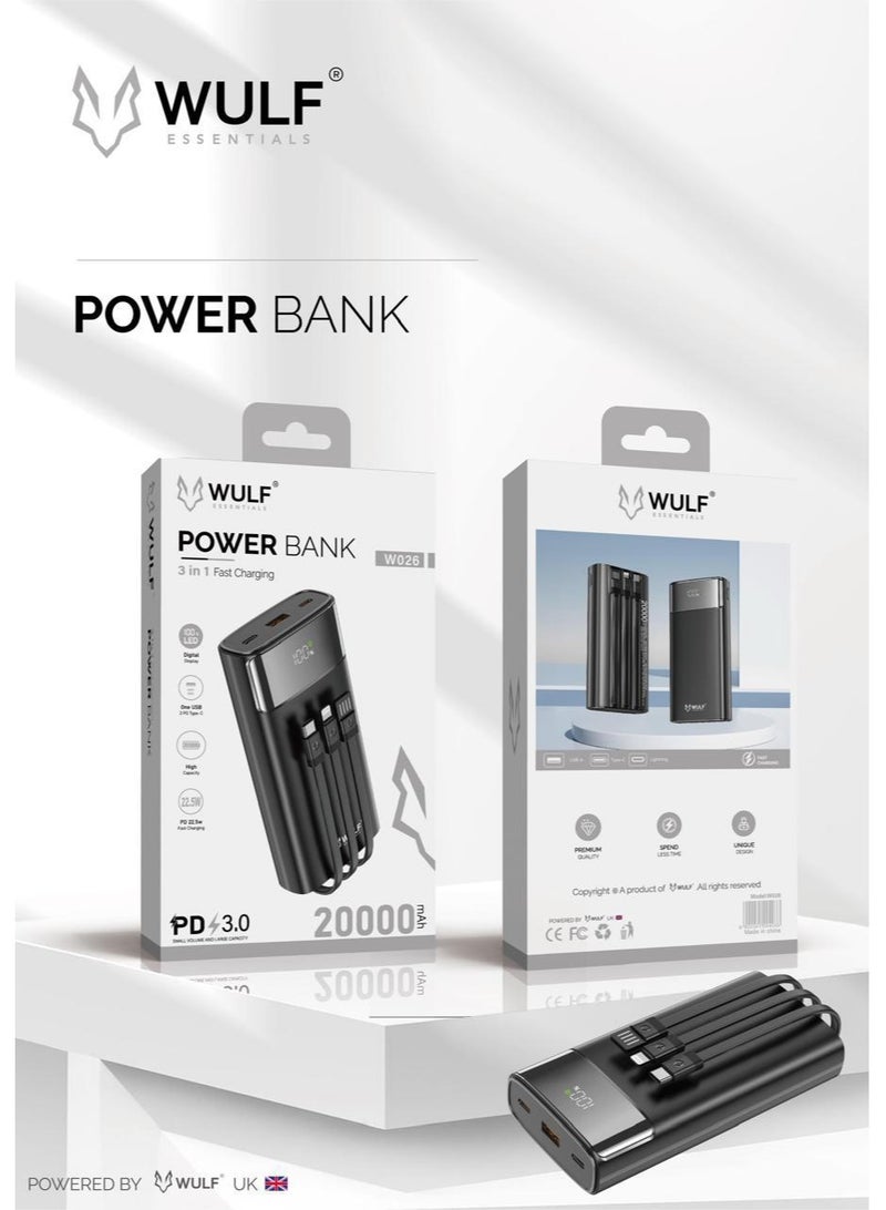 Wulf WULF W026 20000mAh 3-in-1 Fast Charging Power Bank with LED Display & PD 3.0 Technology