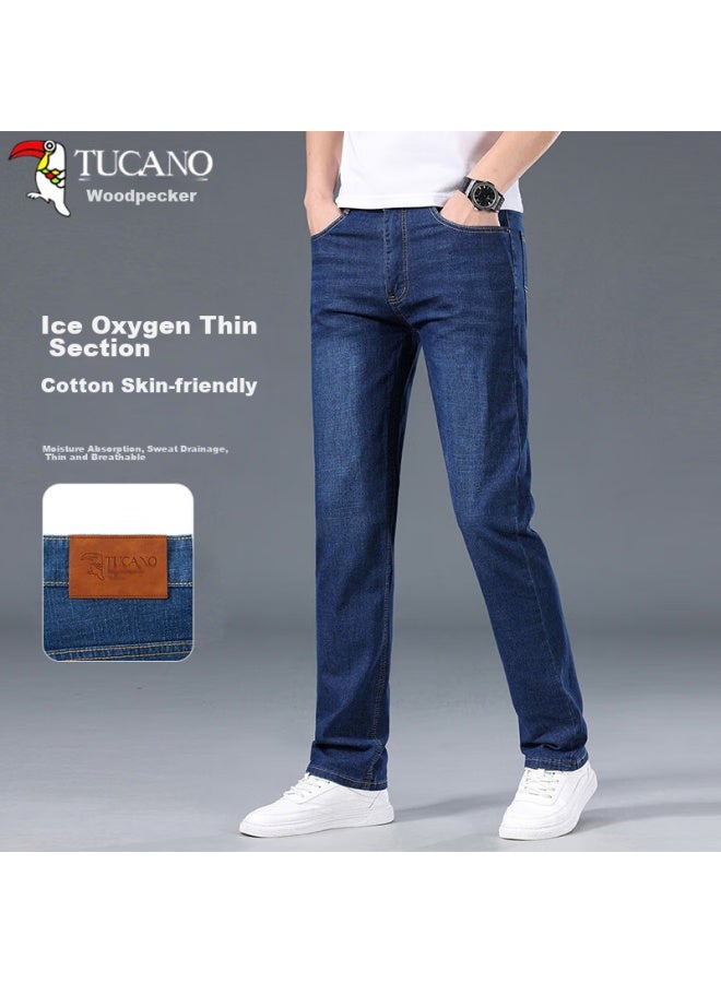 Tucano Men's Jeans, Summer Lightweight, Solid Color, Business Casual, Wrinkle-resistant, Stretchy, Slim-fit Long Pants, Men's Clothing, Blue, Size 30 - Image 1