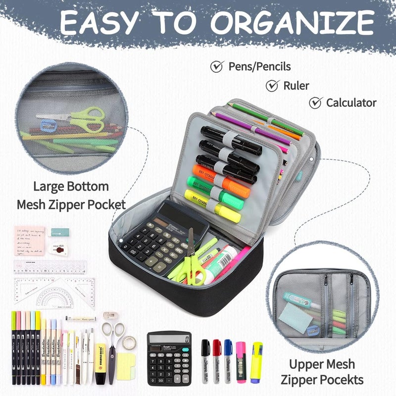 Vaschy Large Pencil Case, Art Color Pencils Pouch with Detachable Layers Multiple Zip Pockets for School Office Stationary Organization Black - Image 4