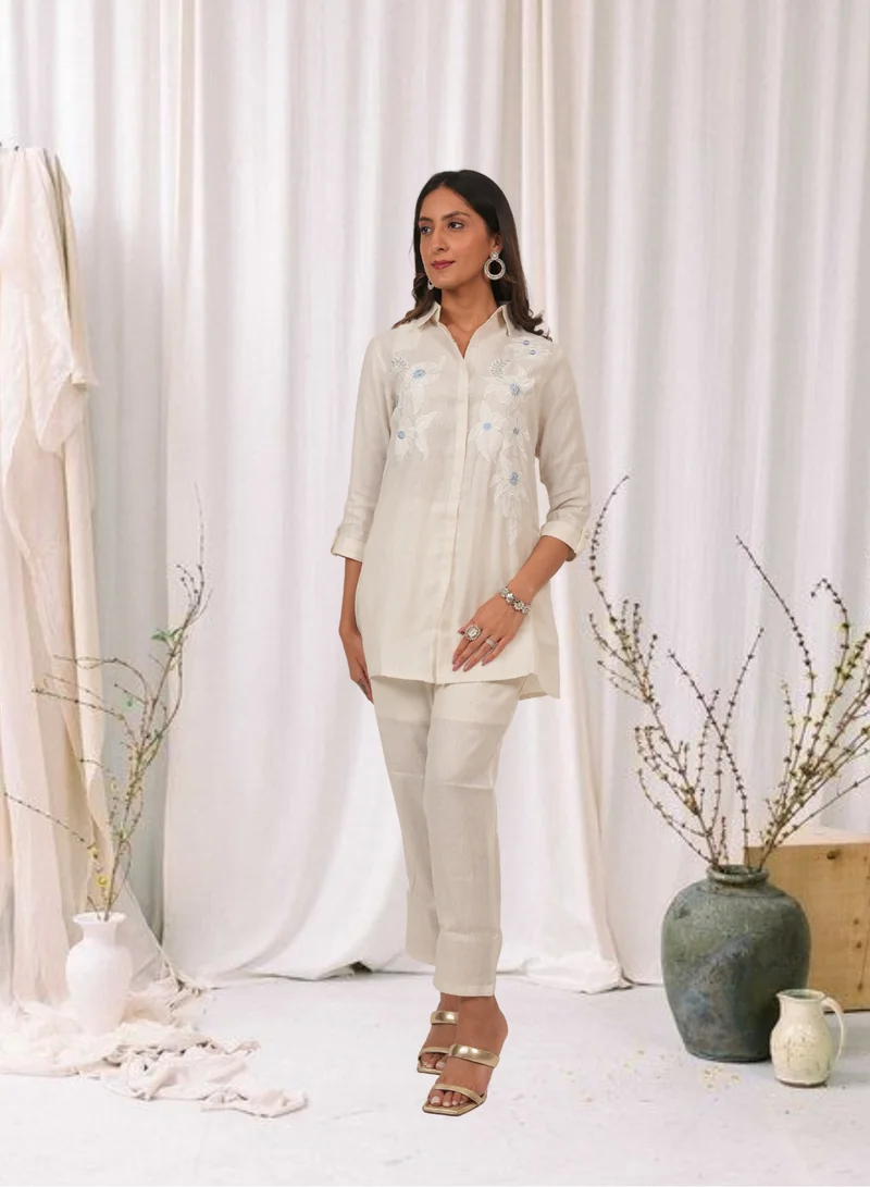 Lehar Ivory Beige Embroidered Cotton Linen Kurta Set