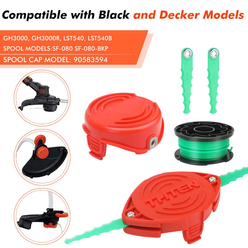 THTEN SF-080 String Trimmer Spool Line Compatible with Black and Decker SF-080-BKP 20ft 0.080" GH3000 LST540 GH3000R LST540B Weed Eater Auto Feed Single Line with 90583594 Cap Covers Parts - Image 4