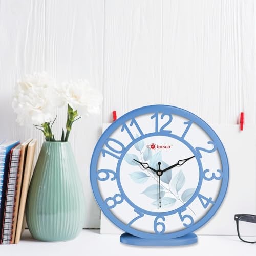 Bosco Analog Non Ticking Silent, Soft Blue Border with Leaf Print, 20 CM Table Cum Round Wall Clock, for Home, Living Room, Bed Room, Office and Kitchen | BWC-1209 - Image 1