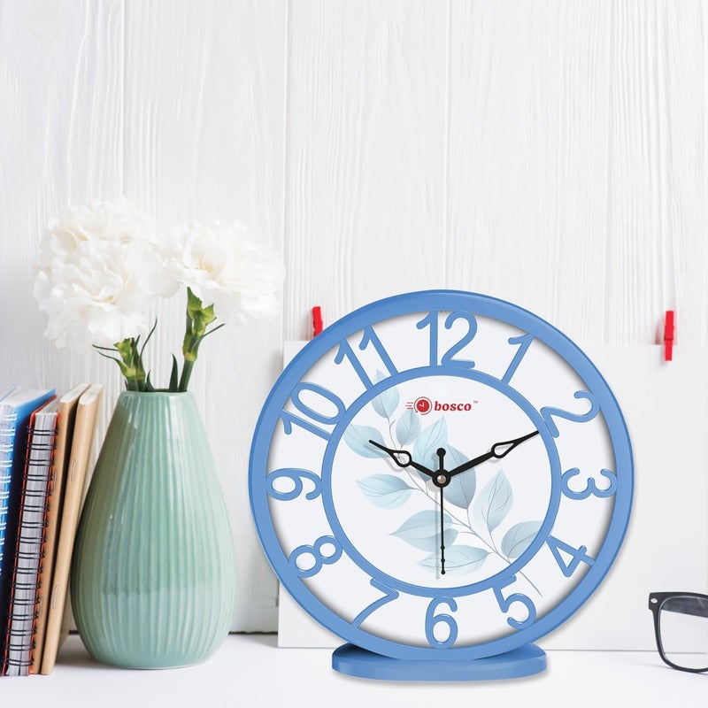 Bosco Analog Non Ticking Silent, Soft Blue Border with Leaf Print, 20 CM Table Cum Round Wall Clock, for Home, Living Room, Bed Room, Office and Kitchen | BWC-1209 - Image 4