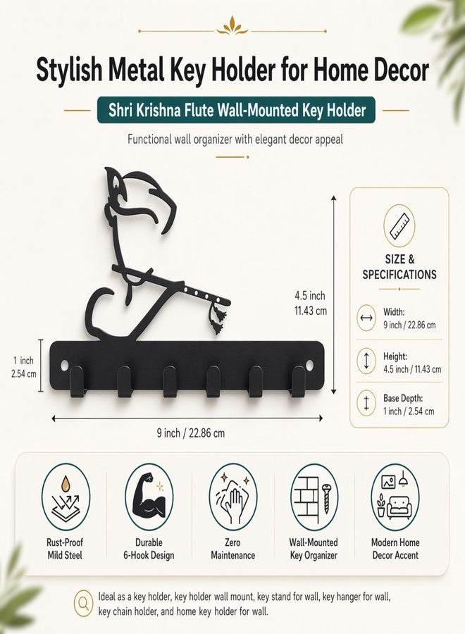 SHUCHI ESSENTIALS Key Holder for Home Decor Stylish | Krishna Flute Wall Mounted Metal Key Holder with 6 Hooks, Matte Black | Decorative Key Hanger for Wall, Entryway, Car Keys & Home Organization - Image 2