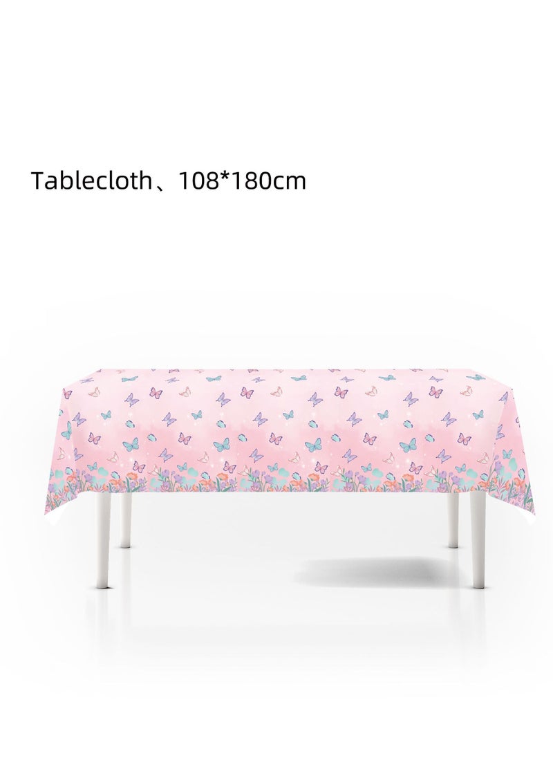 Party - 45pcs Pink flowers, butterflies, girls, children's themed party supplies sets, tablecloths, balloons, cardboard, pull flags and other decorations - Image 1