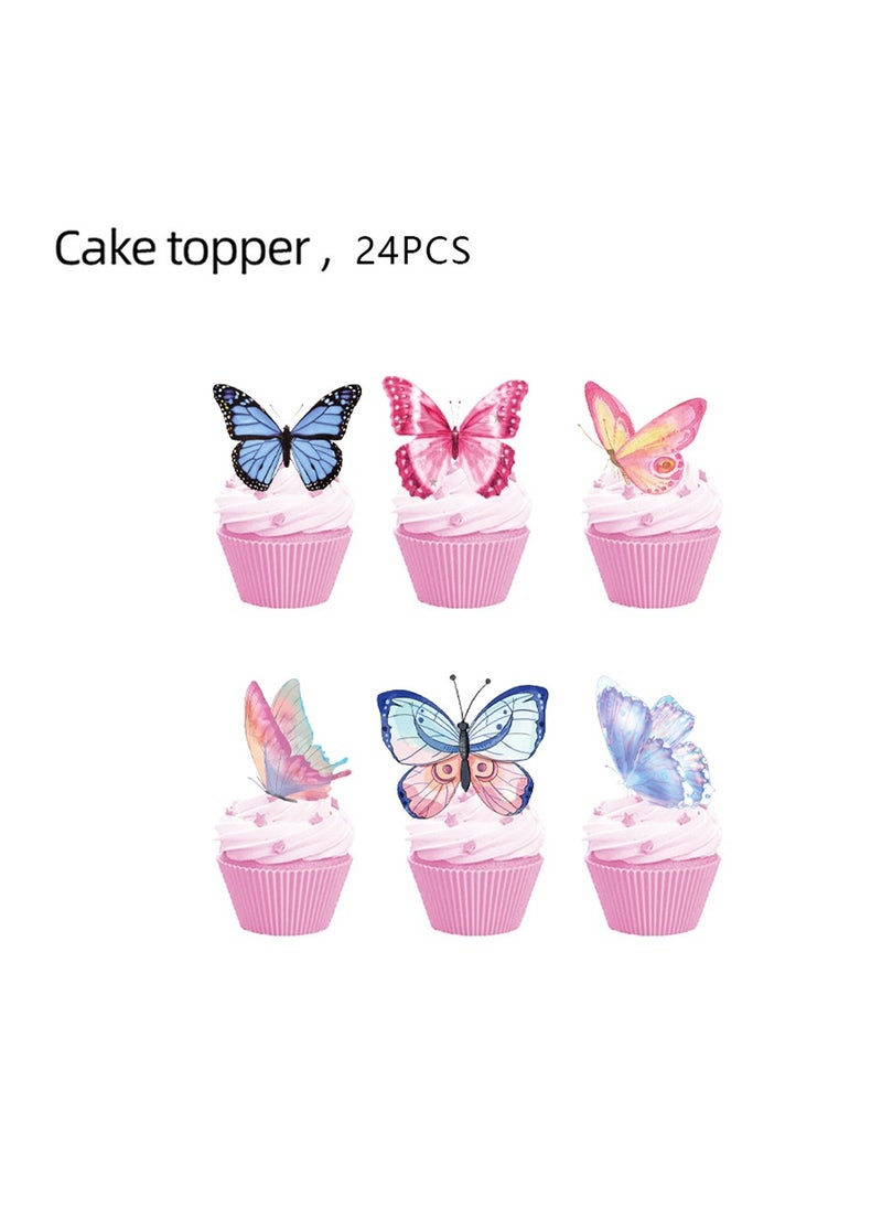 Party - 45pcs Pink flowers, butterflies, girls, children's themed party supplies sets, tablecloths, balloons, cardboard, pull flags and other decorations - Image 1