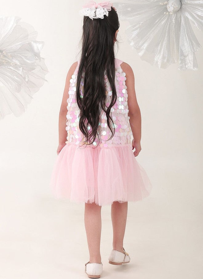 BONKIDS Pink Satin Fit & Flare Dress with Sequins - Image 2