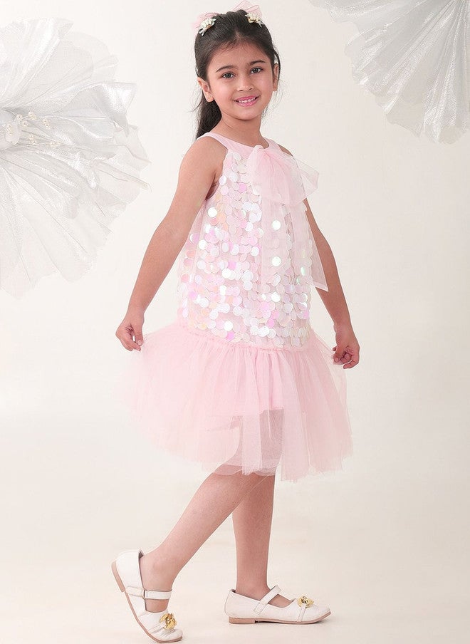BONKIDS Pink Satin Fit & Flare Dress with Sequins - Image 5