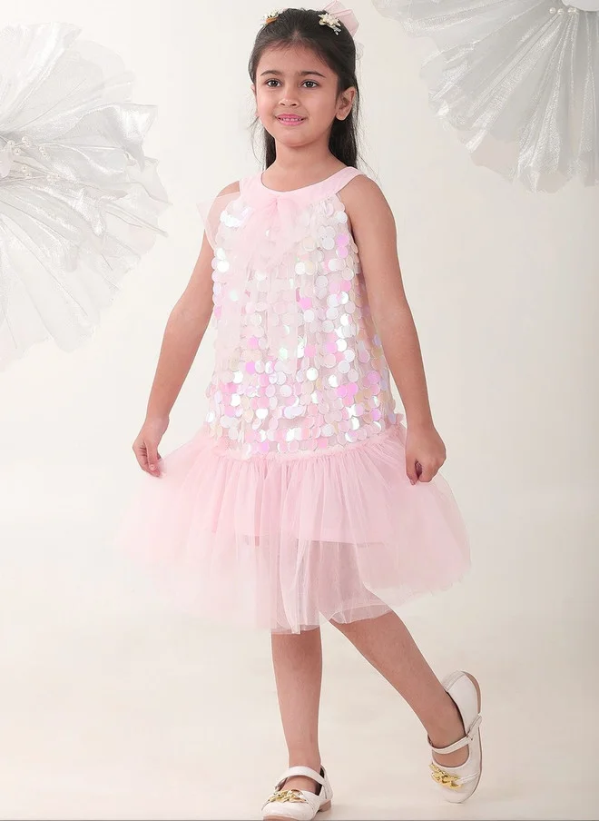 بونكيدز BONKIDS Pink Satin Fit & Flare Dress with Sequins