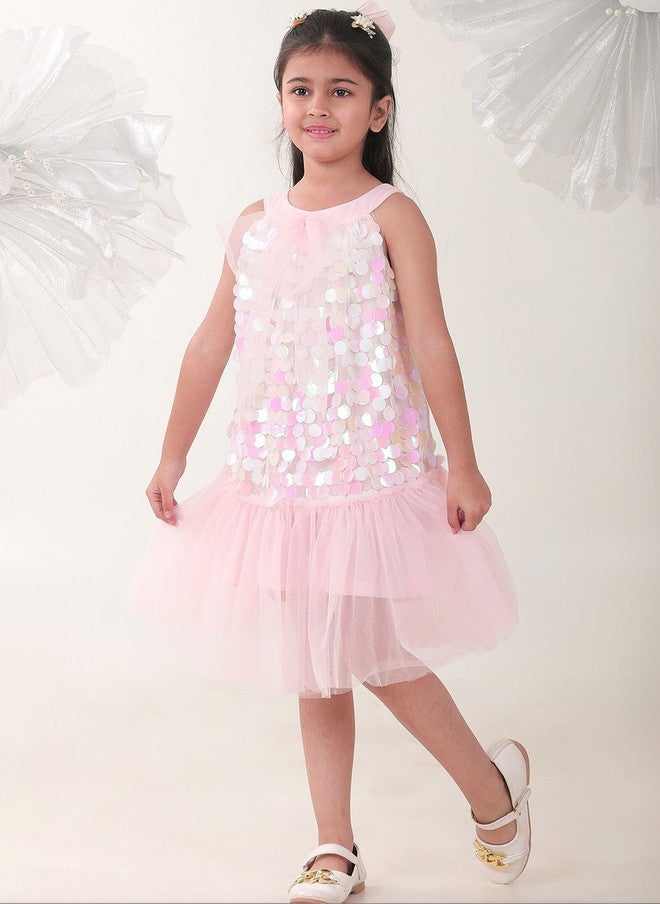 BONKIDS Pink Satin Fit & Flare Dress with Sequins - Image 1