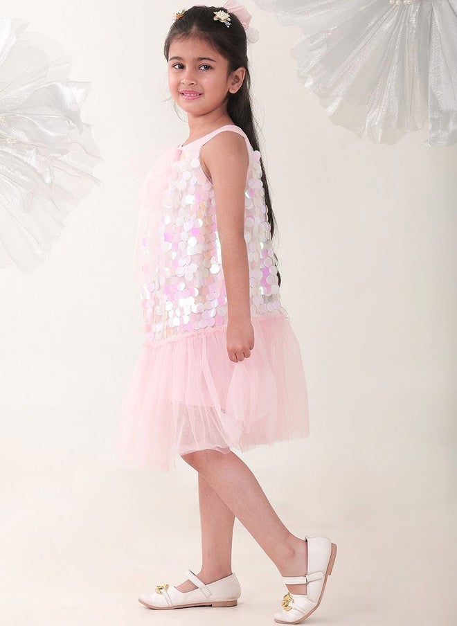 BONKIDS Pink Satin Fit & Flare Dress with Sequins - Image 3