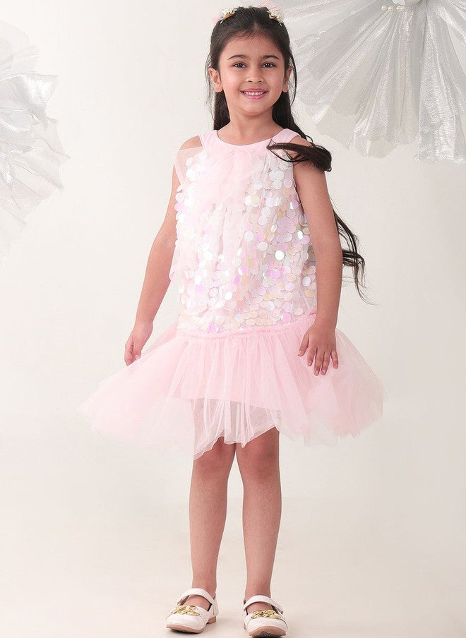 BONKIDS Pink Satin Fit & Flare Dress with Sequins - Image 4