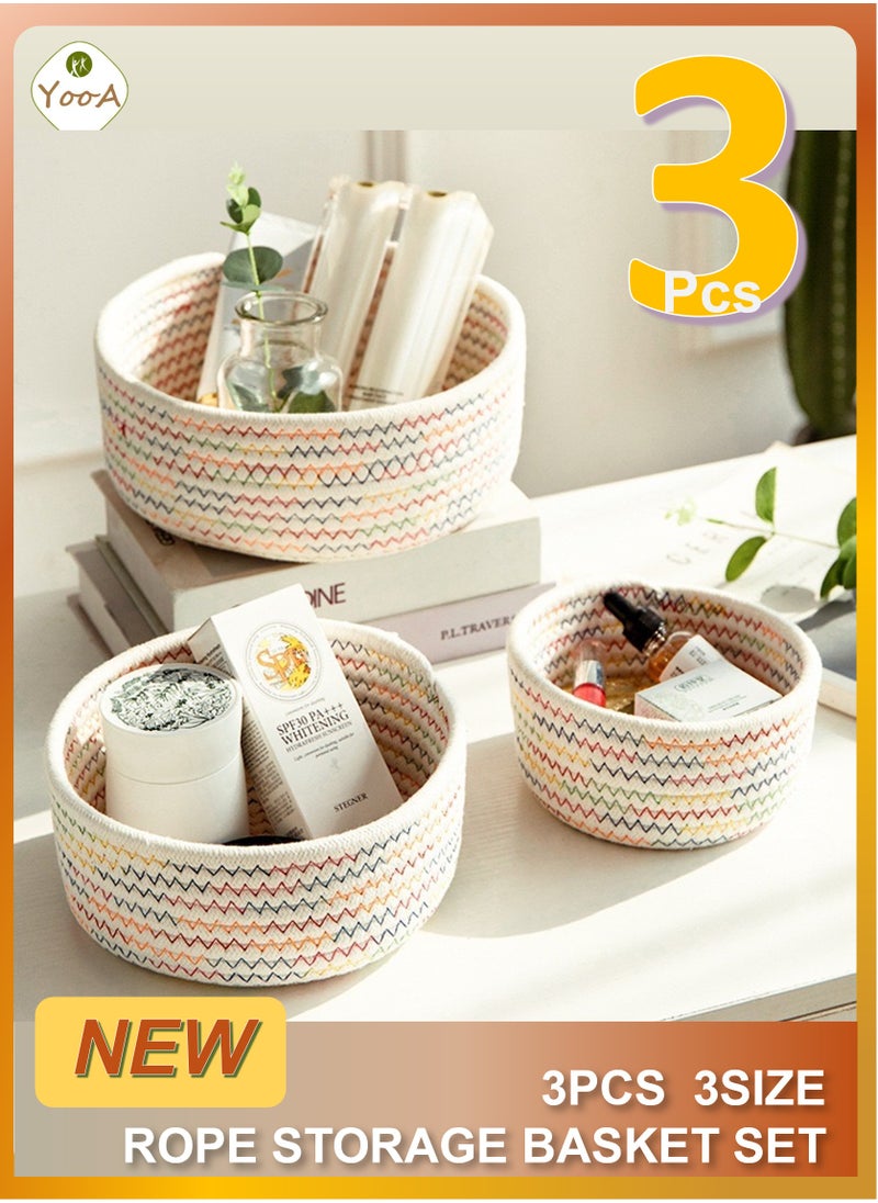 YooA 3-Piece Rope Woven Storage Baskets Set | Colorful Woven Storage Baskets Set of 3, Versatile Decorative Baskets for Home Organization ,  Ideal for Shelving, Closet, Blanket & Towel Storage,  Multicolor Color Design,  Complementing Home Décor, for Home, Bathroom, Nursery, and More  - Image 1