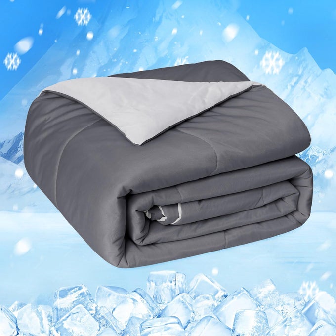 COOLING COMFORTER KING SIZE GREY SUMMER COOLING BLANKET FOR HOT SLEEPERS AND NIGHT SWEATS JAPANESE DOUBLESIDED COLD TECH FABRIC QMAX 045 SOFT BREATHABLE SILKY SMOOTH LIGHTWEIGHT