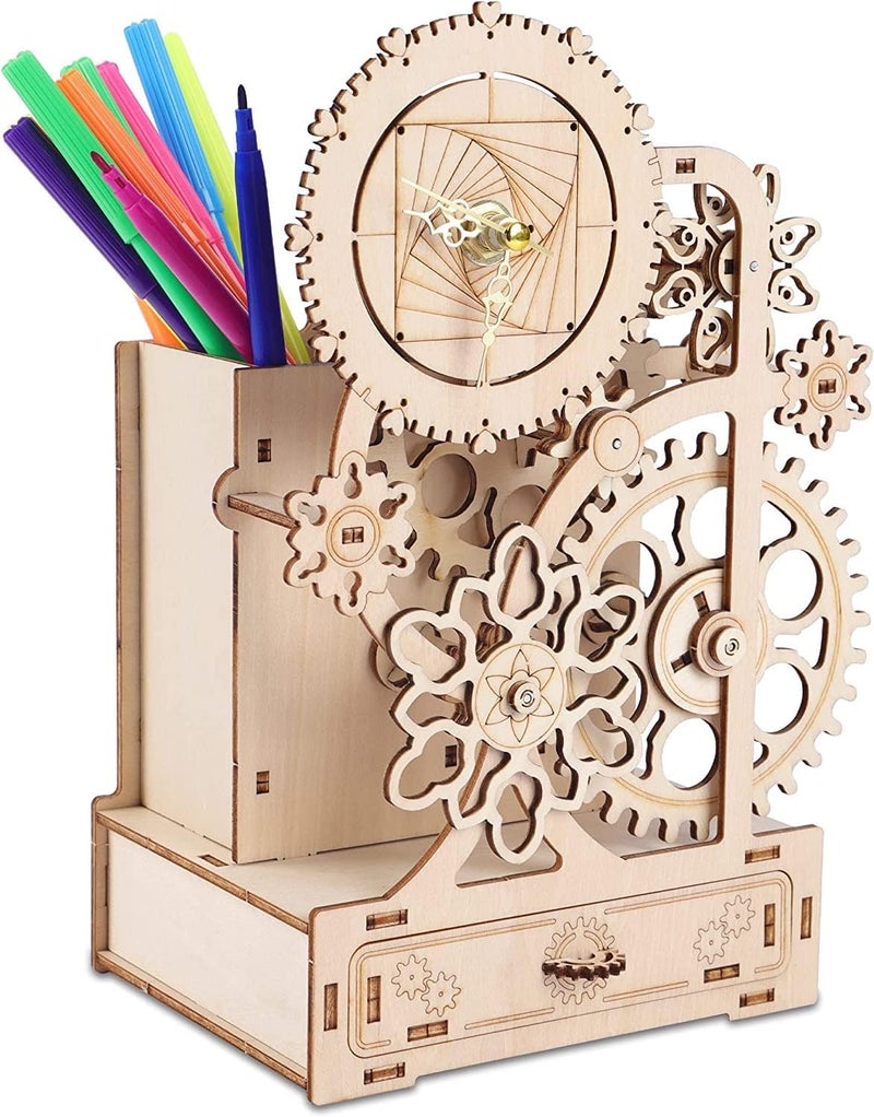 Wooden Clock with Music Box and Pen Holder, No Tick Sound, Mechanical Wood Clock Model Kits to Build, DIY Assembly Toy, Woodcraft Kit - Image 1