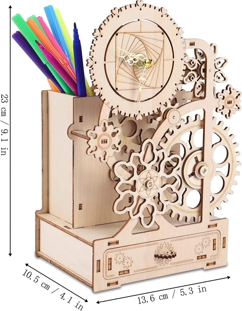 Wooden Clock with Music Box and Pen Holder, No Tick Sound, Mechanical Wood Clock Model Kits to Build, DIY Assembly Toy, Woodcraft Kit - Image 2