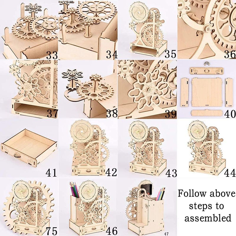 Wooden Clock with Music Box and Pen Holder, No Tick Sound, Mechanical Wood Clock Model Kits to Build, DIY Assembly Toy, Woodcraft Kit - Image 5
