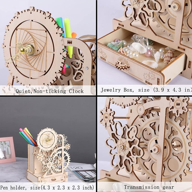 Wooden Clock with Music Box and Pen Holder, No Tick Sound, Mechanical Wood Clock Model Kits to Build, DIY Assembly Toy, Woodcraft Kit - Image 3