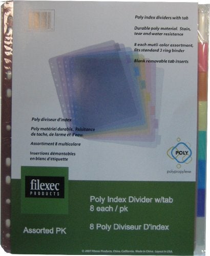 Filexec 30207, Index Binder, 8 Tabs Colored Pink, Clear, Smoke, Purple, Blue, Green, Yellow, Orange, 8 in Pack, 5 Packs - Image 2