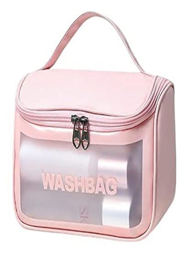 DR Mall Wash Bag Multi Functional Large Cosmetic Bag with Hook for Travel Makeup Organizer Pouch Household Grooming Kit Wash Bag for Toiletry Zipper Transparent Girl Brush Men and Women (Pink) - Image 1