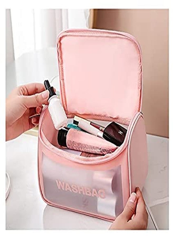 DR Mall Wash Bag Multi Functional Large Cosmetic Bag with Hook for Travel Makeup Organizer Pouch Household Grooming Kit Wash Bag for Toiletry Zipper Transparent Girl Brush Men and Women (Pink) - Image 2