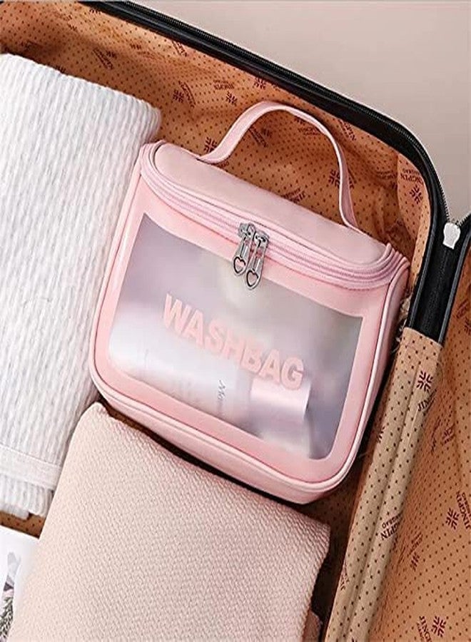 DR Mall Wash Bag Multi Functional Large Cosmetic Bag with Hook for Travel Makeup Organizer Pouch Household Grooming Kit Wash Bag for Toiletry Zipper Transparent Girl Brush Men and Women (Pink) - Image 3