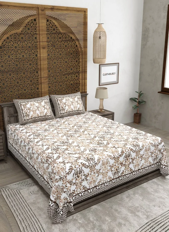 CLOTHOLOGY CLOTHOLOGY Brown & White Printed Pure Cotton 180 TC King Bedsheet Set