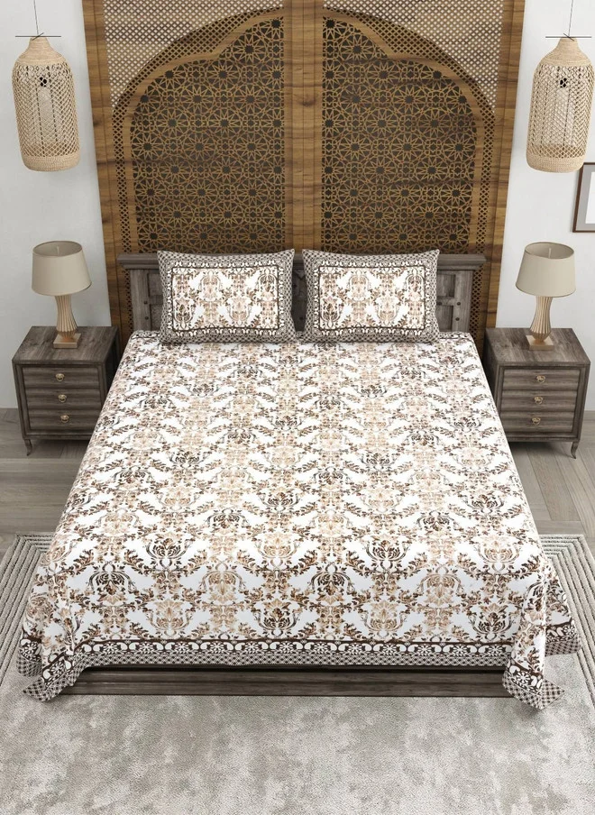 CLOTHOLOGY CLOTHOLOGY Brown & White Printed Pure Cotton 180 TC King Bedsheet Set