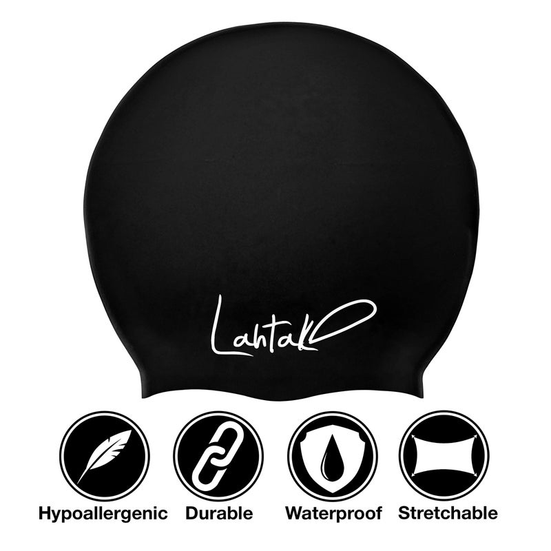 Lahtak Kids Swim Cap for Long Hair - Comfortable Fit Silicone Swimming Hat for Girls & Boys with Curly Hair, Braids, or Dreadlocks - Durable & Easy to Wear (Black, M) - Image 2