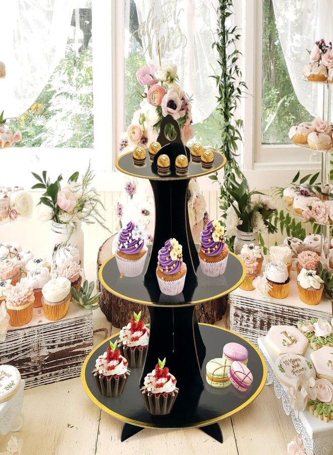 Soleebee 3-Tier Round Cupcake Stand, Cardboard Cupcake Tower, Dessert Cup Cake Stand Tower for Birthday Wedding Party Decoration, Cupcake Tier Stand 2 Set (Black Gold) - Image 4